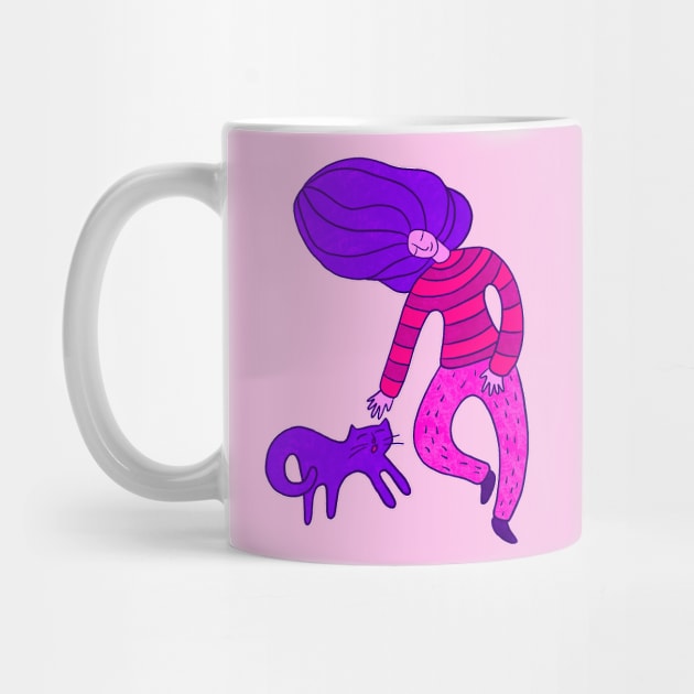 Cool girl with purple hair and purple cat walking, version 5 by iulistration